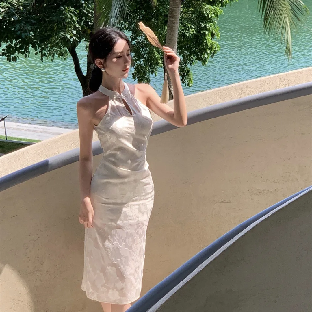 Nouveau chinois Sle minceur broderie florale Svel Ne suspendu évider Dr jupe mi-longue trajet été