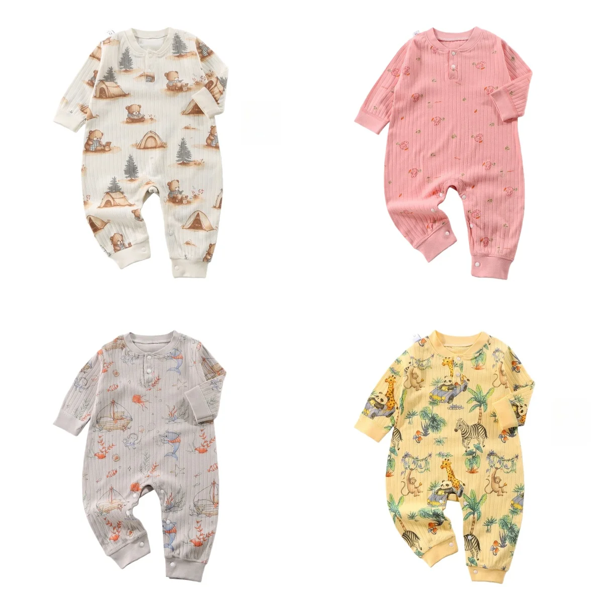 

Baby Cartoon Print Long Sleeve Romper, Newborn Infant Ribbed Cotton Jumpsuit with Camping Animal Baby Onesie for Spring Autumn