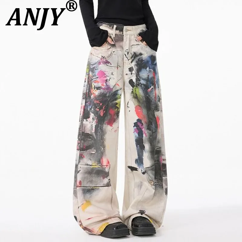 

ANJY, осенние новые женские нейтральные стильные модные прямые джинсы с 3D принтом, модная уличная одежда, шикарные красочные джинсовые брюки A12388