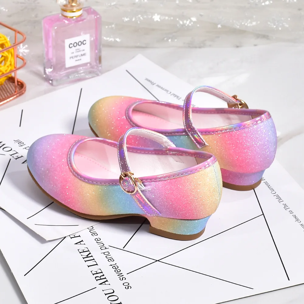 zapatos niña Girl Shoes Leather Shoes 23 Rainbow Color Shoes for Women Sequins High Heels Shoes Colorful Crystal Kid Shoes туфли