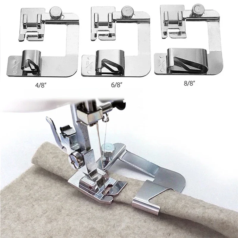 3pcs Wide Rolled Hem Pressure Foot Sewing Machine Presser Foot Hemmer Foot Set 4/8 6/8 8/8inch Low Shank Sewing Machine