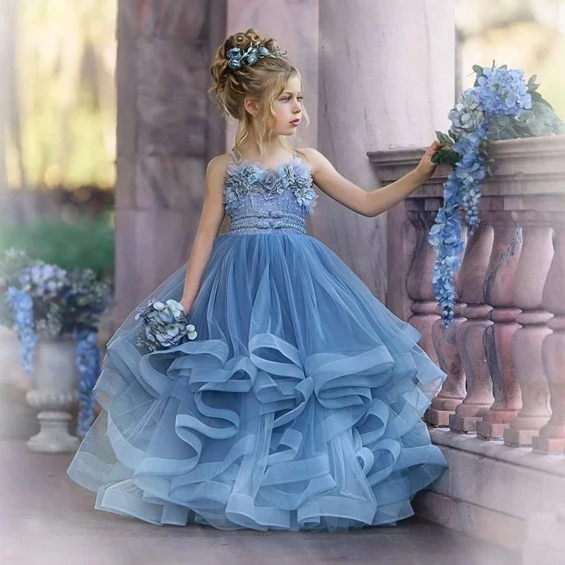 

Custom Luxury Spaghetti Strap 3D Floral Ruffle Tulle Flower Girl Dress Wedding Bridesmaid Gown for Kids Birthday Party Pageant
