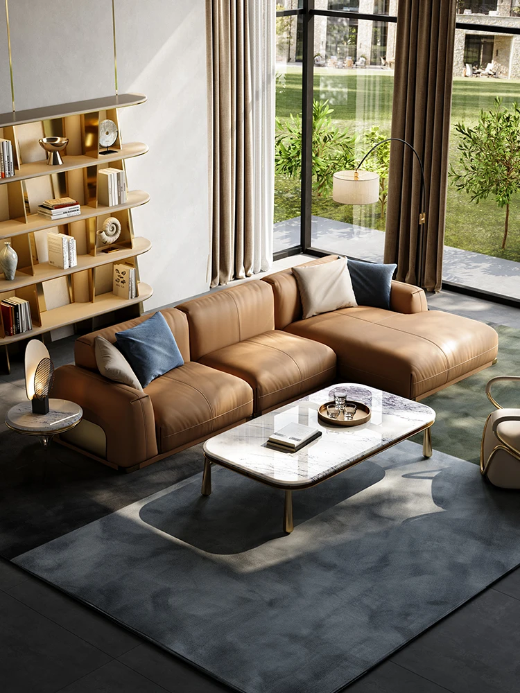 Minimalist Leather Corner Sofa Combination Villa Large Apartment Modern Light Luxury Leather Sofa