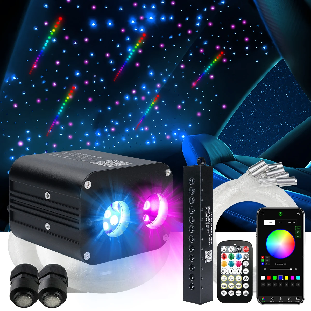 Luz de estrella de techo de coche centelleante de 20W con Control de aplicación de música de meteorito RGB, Kit de luz de techo de estrella de fibra óptica para techo de cielo estrellado
