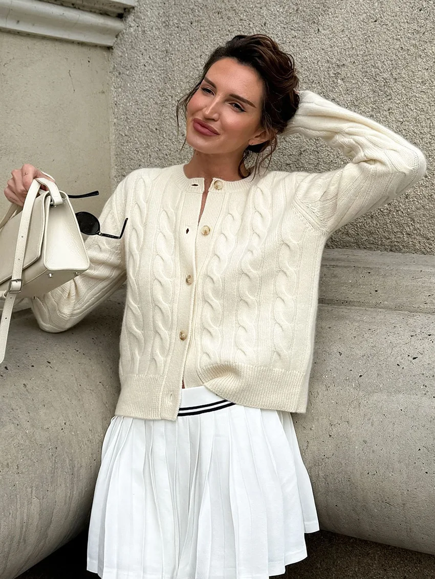 

Parc Fee Winter Loose Beige Women's Sweater 2025 Casual O-Neck Long Sleeve Cardigan Sweater Elegant Classic Top Female Clothing