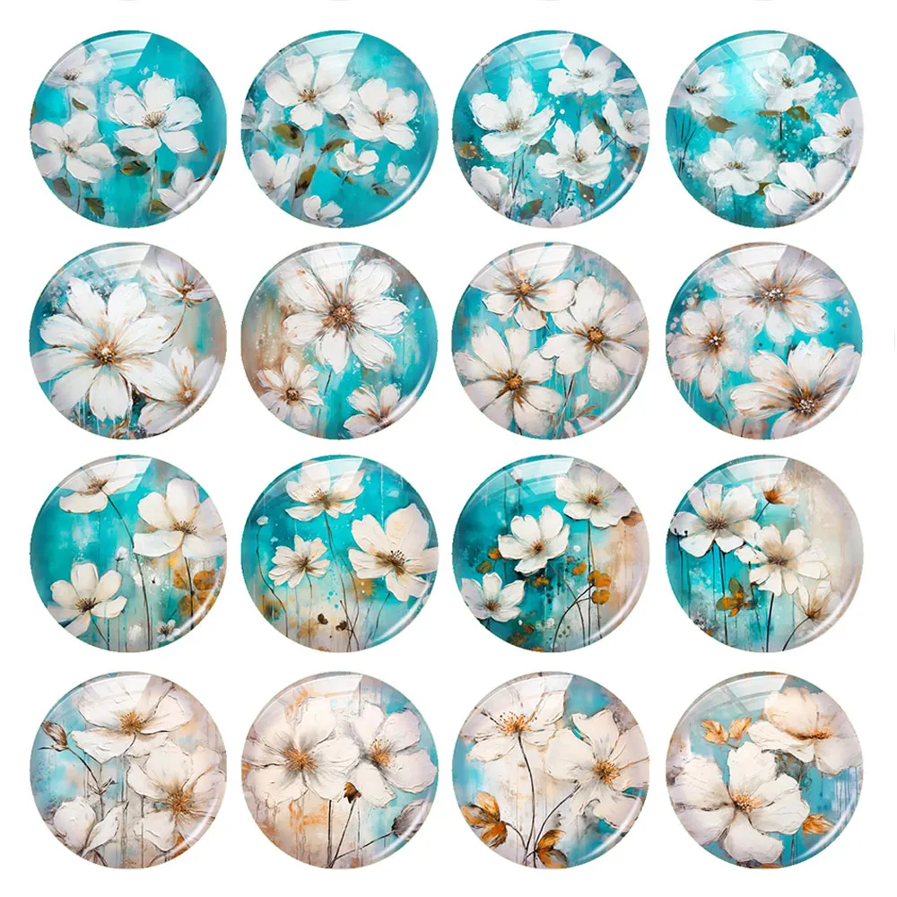 Random Mixed Round/Oval/Square Flower Blue White Oil Painting Photo Glass Cabochon Flatback Demo Cameo For Diy Jewelry Making