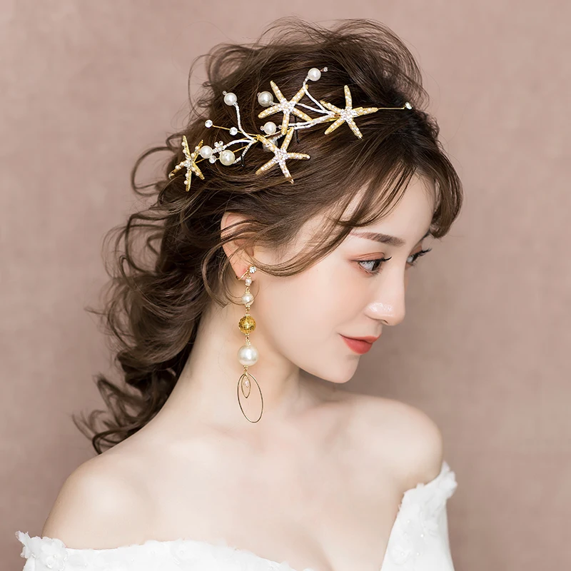 New Starfish Hair Jewelry  Handmade Pearl Rhinestone Tiaras Headbands Bridal Wedding Women Hair Accessories