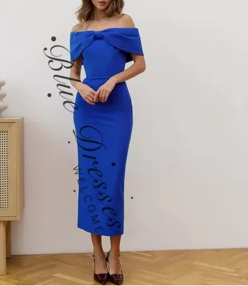 

customized Short Royal Blue Crepe Evening Dresses with Slit Mermaid Off Shoulder Zipper Back Ankle Length Party Dress