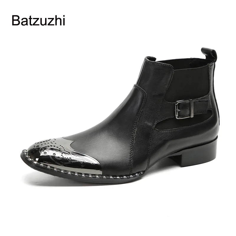 

Batzuzhi Pointed Metal Toe Black Short Ankle Boots Men Genuine Leather Boots Men Slip on, Big Sizes EU37-47!