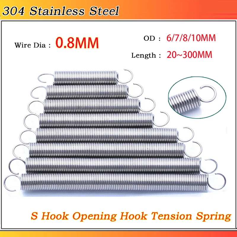 

304 Stainless Steel S-shaped Open Hook Tension Spring Pullback Extension Expansion Spring Wire Dia 0.8MM OD 6~10MM L: 20~320MM