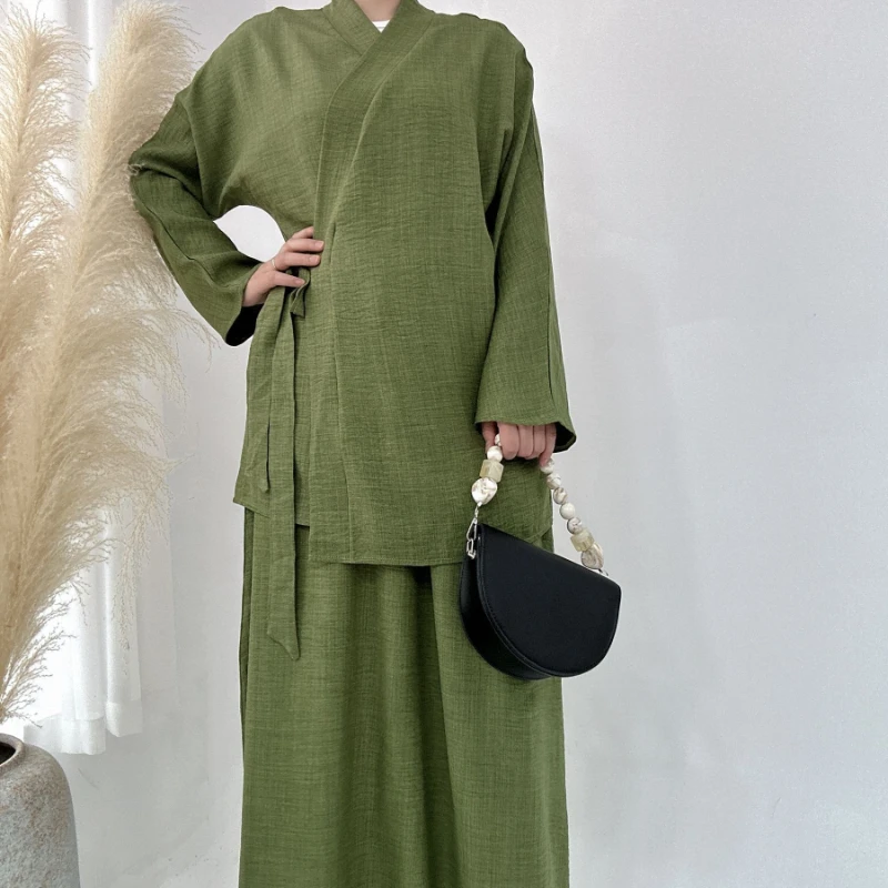 

Muslim Women Khaki Matching Sets Long Sleeve Cardigans Tops And Loose Wide Skirt Suits Elegant Fashion Casual Tracksuit Kaftan