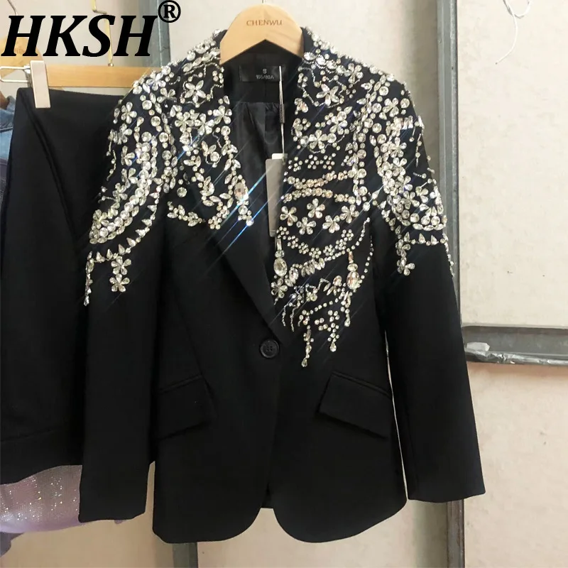 Hksh primavera outono novo blazer feminino bolsos de botão único artesanato pesado cravejado diamantes luxo elegante ins jaqueta festa hk14226