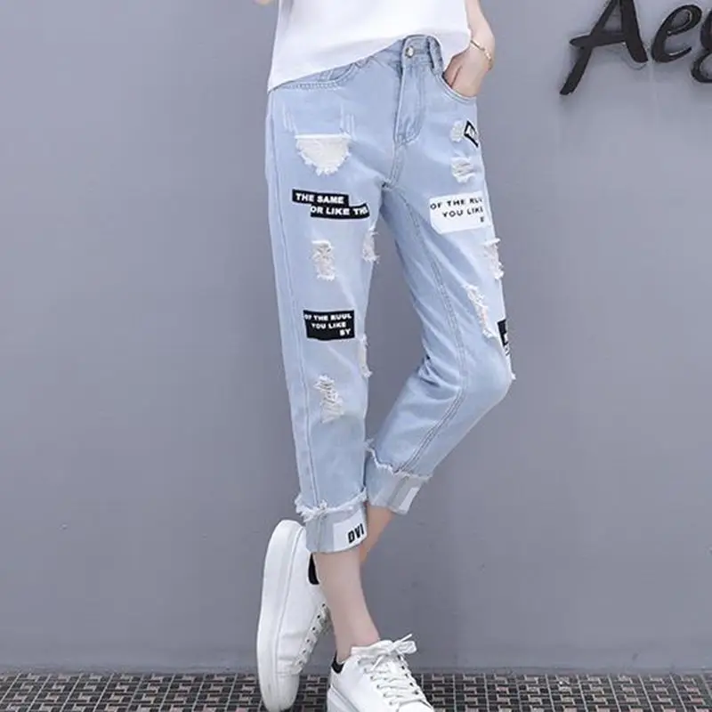 Spodnie damskie Jeans and Capris Beading Blue High Waist Shot Skinny Pants dla kobiet Slim Fit Pipe Cropped Size X Larg na wyprzedaży A