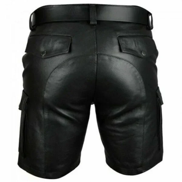 Men\'s Real Cowhide Leather Cargo Shorts Black Cargo Pockets Shorts With Belt