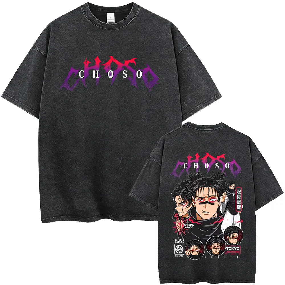 Washed Vintage Anime Jujutsu Kaisen Mahito Print T-shirt Men Women Fashion Retro Streetwear Manga T Shirts Male Oversized Tshirt