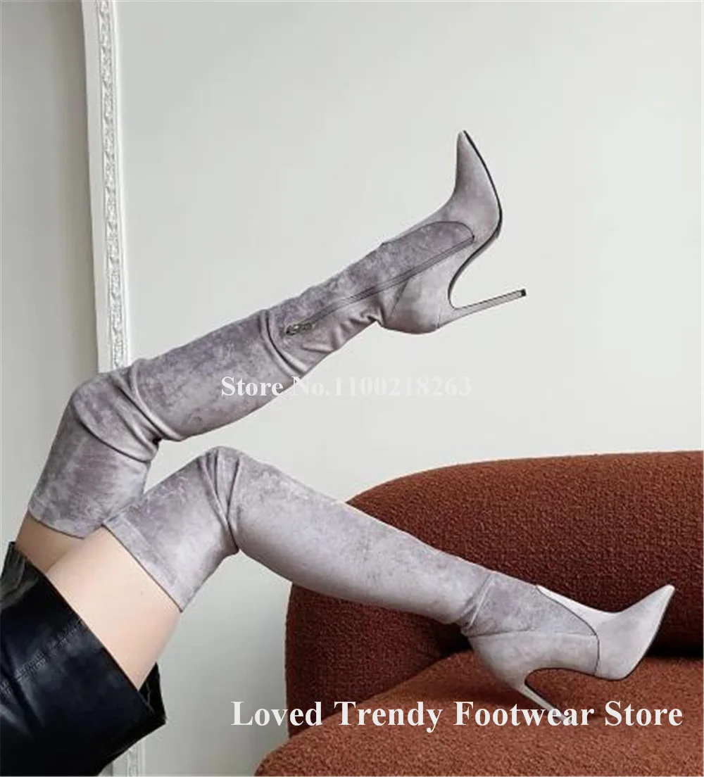 Slim Style Thin Heel Over Knee Boots Pointed Toe Grey Suede Stiletto Heel Long Boots Party Dress Shoes Big Size Boots