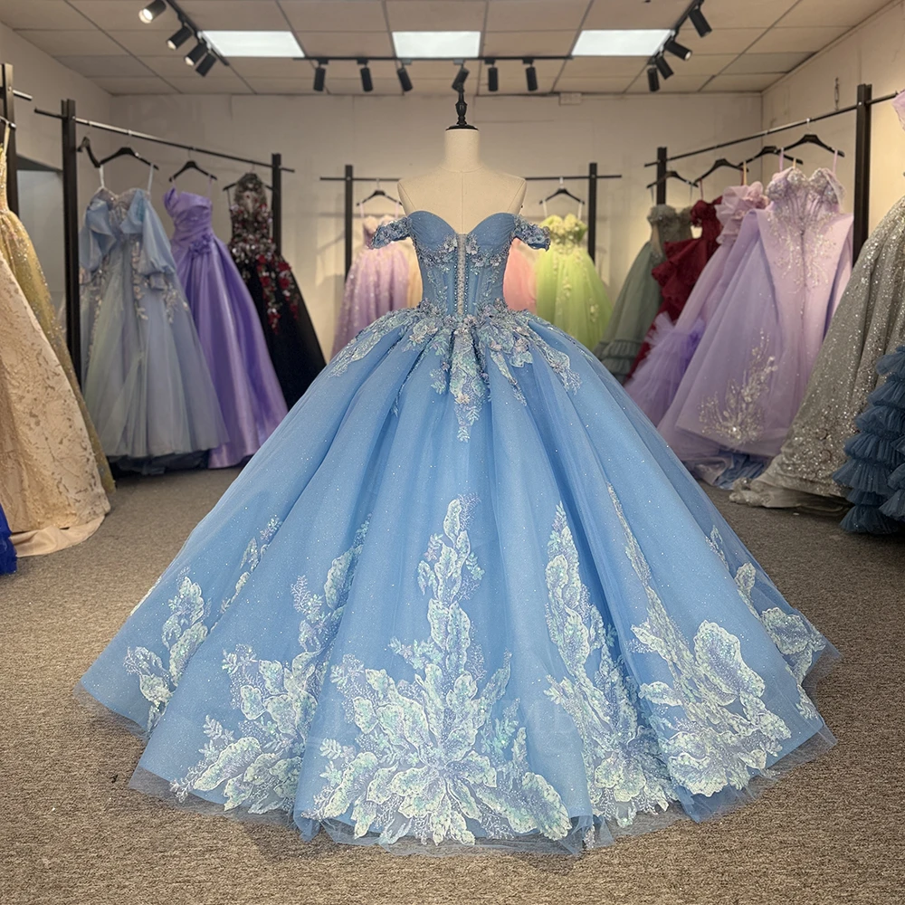 

Charming Blue Lace Applique Quinceanera Dresses 2026 Elegant Puffy Tulle Ball Gown Beaded Sweet 16 Prom Formal Evening Party Gow