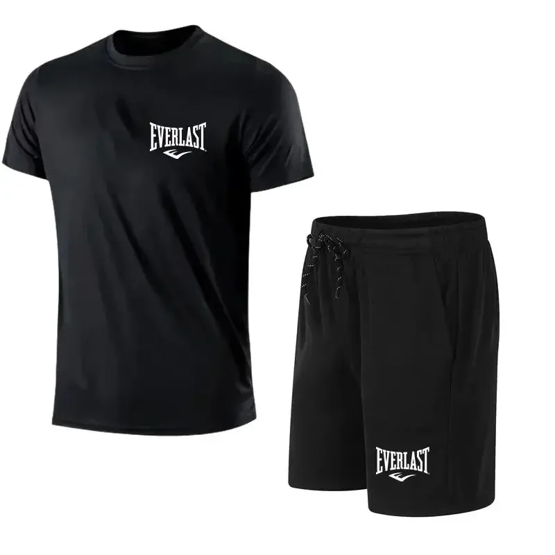 2025 Summer Mens EVERLAST T shirt Shorts 2pcs Set Leisure_Breath Short Sleeve Sport Jogging Oversized Gym Brand Printed Set