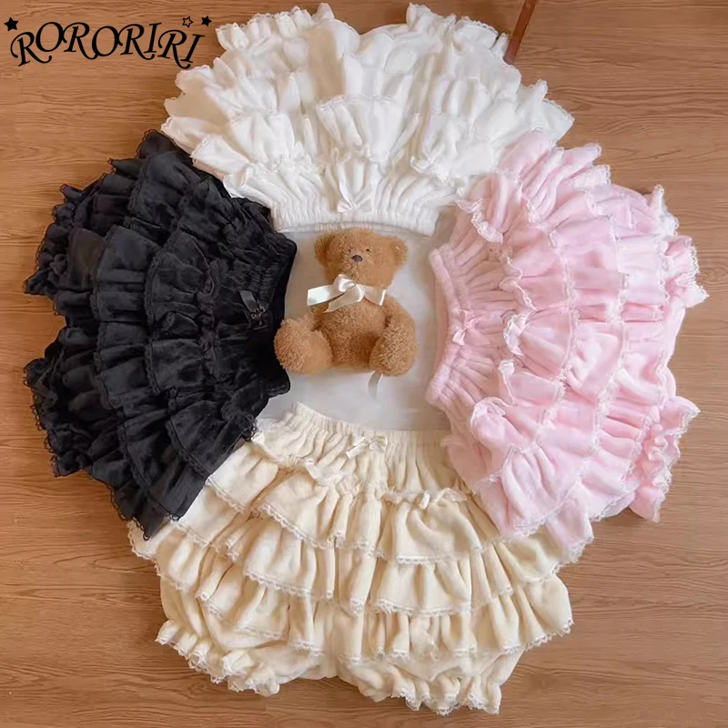 RORORIRI Cute Bow Lace Trim Fleece Skorts Women Solid Elastic Waist Layered Ruffle Mini Cake Skirt Fuzzy Bloomers Lolita Costume