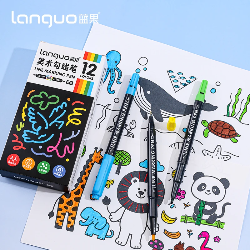 

LANGUO 12 Colors Dual-tip Art Outlining Marker Pens Waterproof Oil-proof Sketching Large Capacity School Supplies Stationery