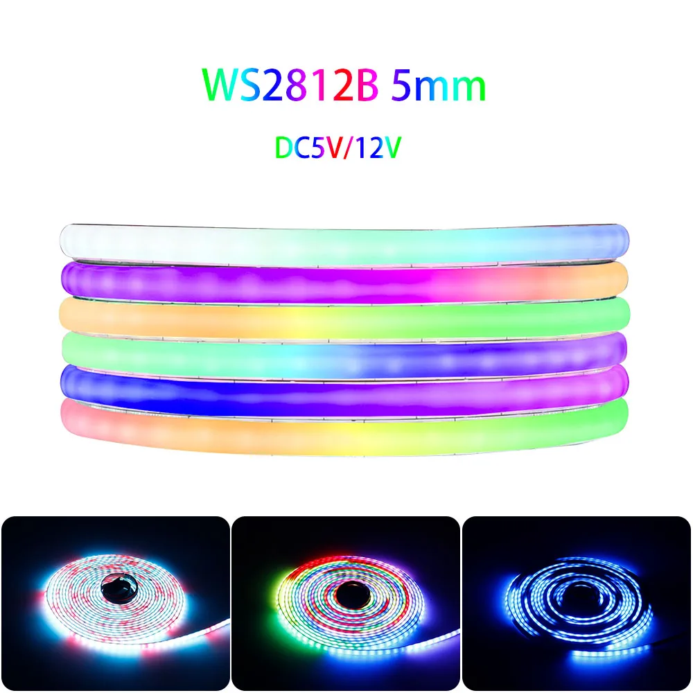 

WS2812B 5 мм COB светодиодная лента WS2812 160 светодиодов/м с индивидуальной адресацией RGBIC Гибкий пиксельный светильник Dreamcolor DC5V/12V