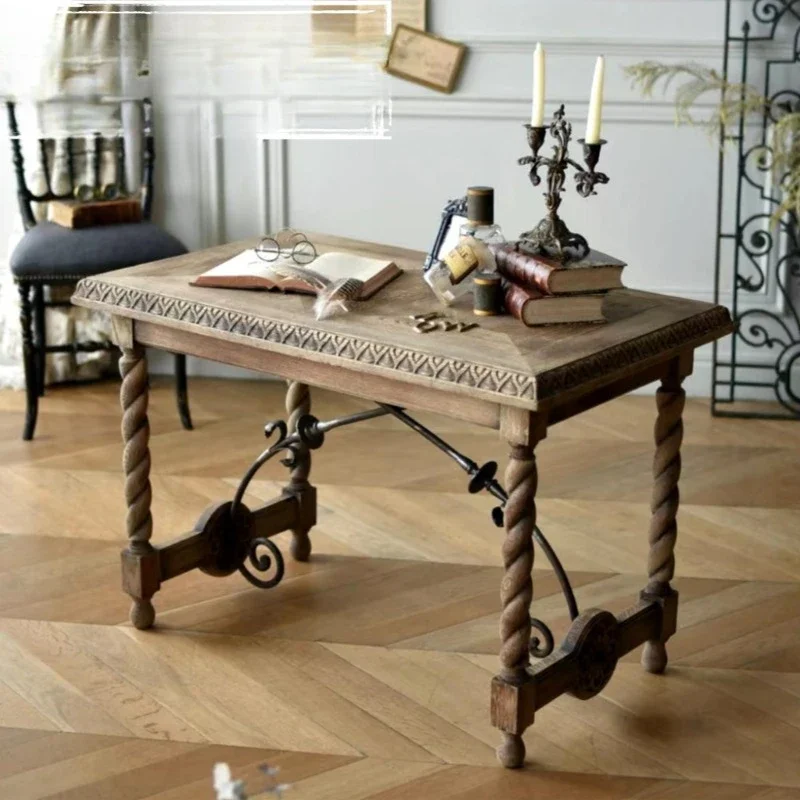 French retro Roman column solid wood carving long dining table European home log guest dining table