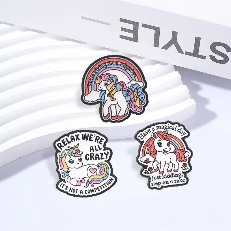 Cute Rainbow Unicorn Sarcastic Quote Badge Relax We're All Crazy It's Not A Competition Unicorn Enamel Pin Lapel Jewelry Badges