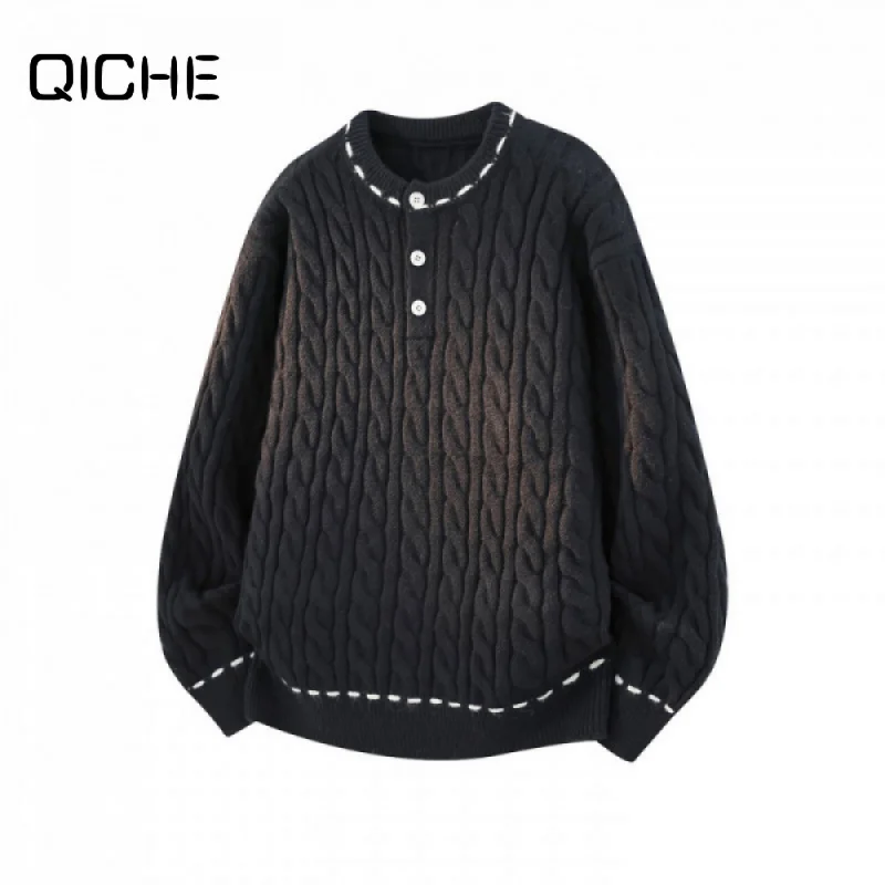 QICHE Men Henley Collar Pullover Knit Sweater Cable Texture Unisex Couple Long Sleeve Knitwear