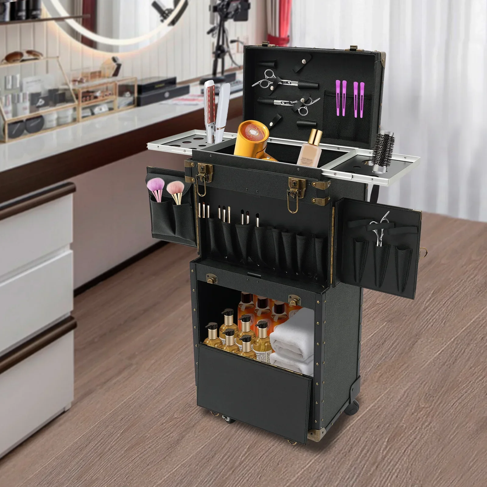 

Hairdressing Case with Mobile Password Locks – Black Punk, Durable & Modern Organizer for Stylists