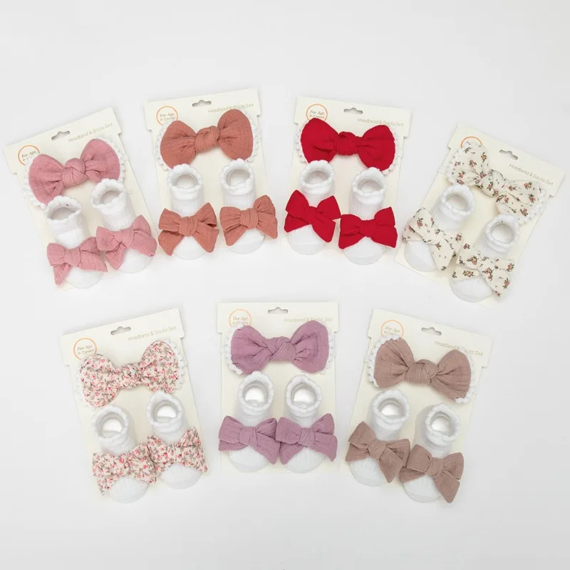 Cute European Baby Socks Set with Lace Headband Crinkle Hand-Tied Bow Decor Boat Socks Newborn Headband Non-Slip Floor Socks