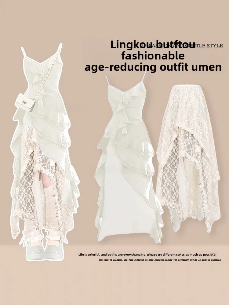 Tenue d'été à volants irréguliers pour femmes, jupe ajourée dr douce épicée, ensemble deux pièces, jupe t-shirt féerique