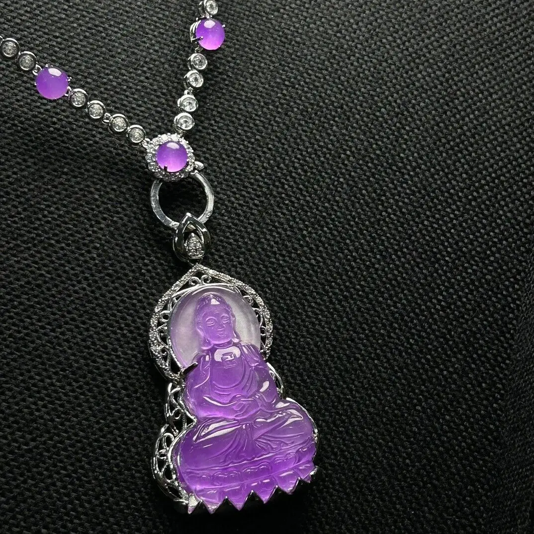 Certified Natural inlay Ice Purple jade Jadeite Carved Buddha Pendant&Necklaces