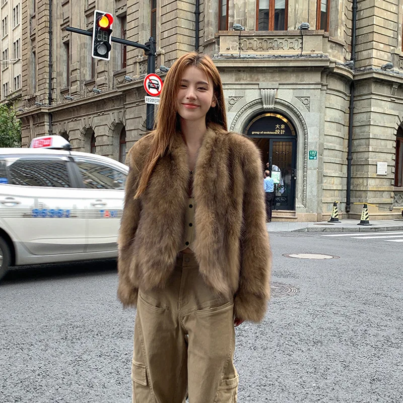 

Women's Korean Style V-neck Long-sleeved Fox Fur Coats Autumn Winter High-end Loose Casual Thick Warm Short Temperament Jackets