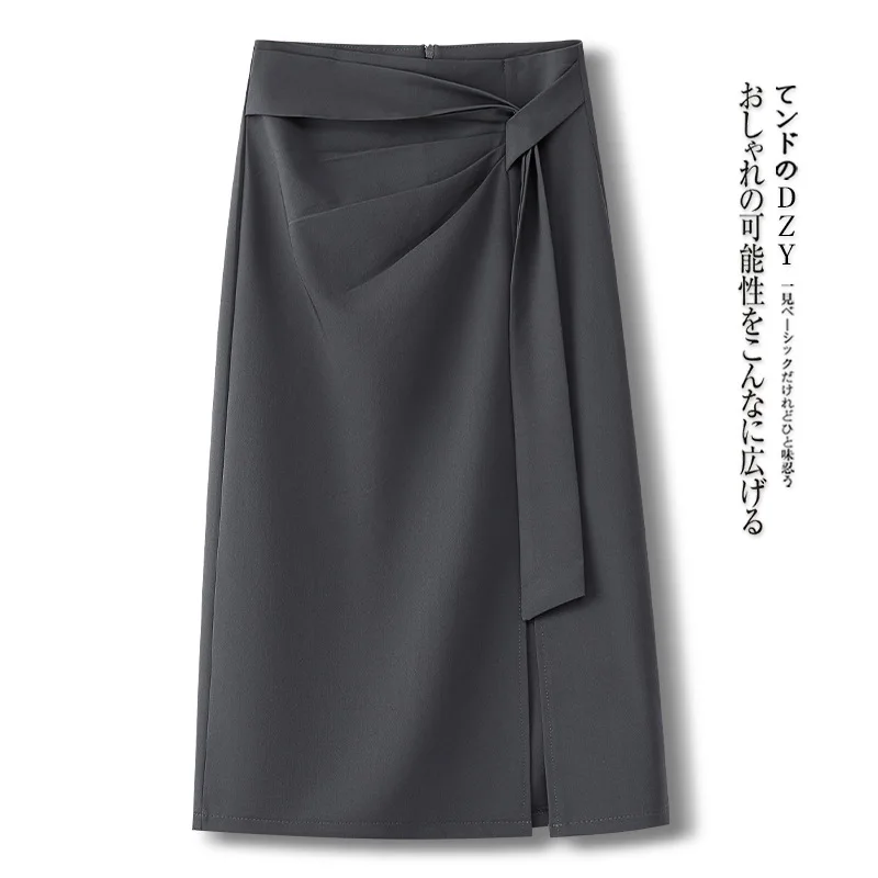 الصلبة اللون البدلة شق ميدي تنورة الصيف أزياء بسيطة القوس تصميم أنيق ألف خط تنورة #1