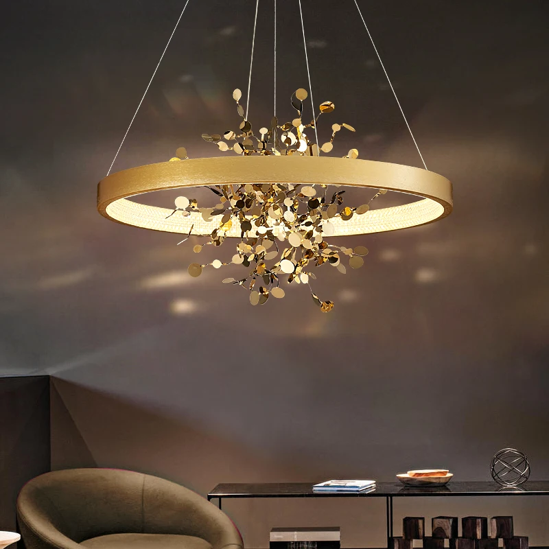 Modern Gold Ceiling Chandelier for Dining Room Copper Round Ring Pendant Lights for Cloth Store Coffee Room Decor