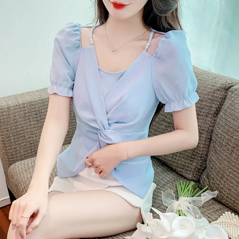 Women Short Sleeve Blouses New Summer Korean Style Trendy Simple Folds Design Elegant Slim Tender Sexy All-match Pure Color Ins