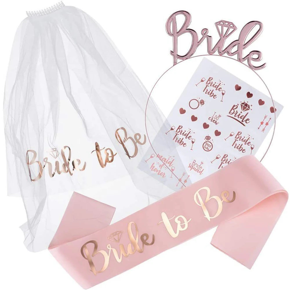 Bride To Be Veil Satin Sash Wedding Decorations Bridal Shower Balloon Hiarband Tattoo Stickers Girl Bachelorette Party Decora