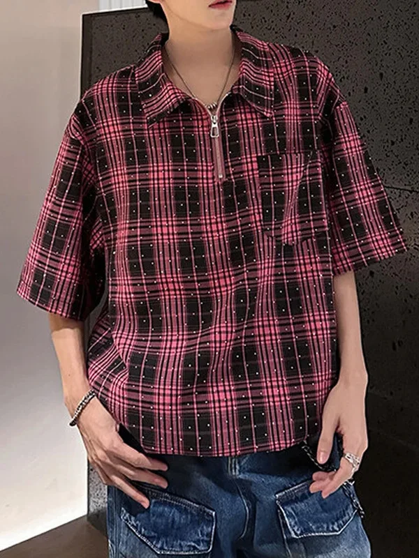 

Casual Plaid ort Sve Men's irt Design Sense f Zipper Collar Summer Upper Apparel Polyester Fiber Cleanfit Sle Loo...