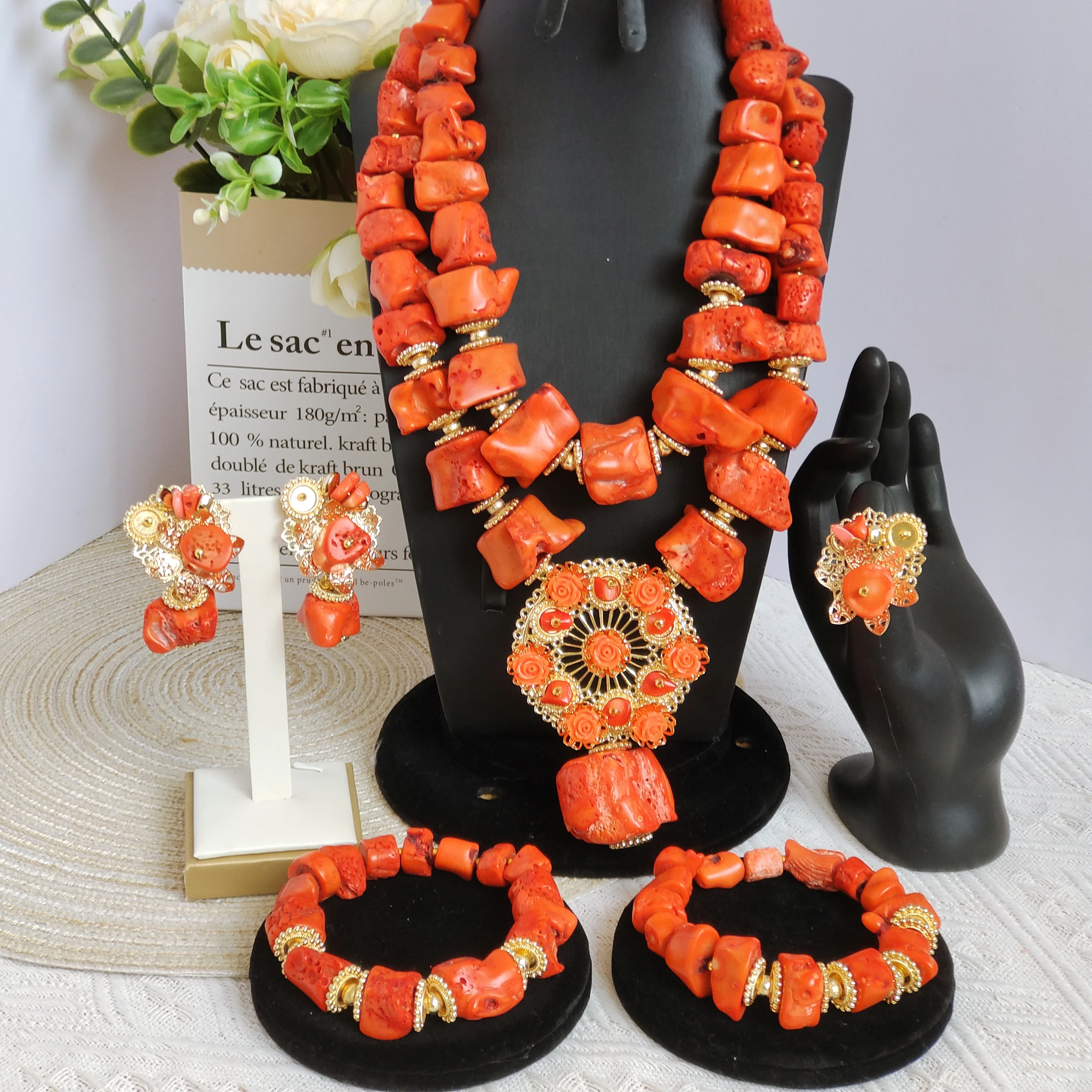 orange nigerian coral bead jewelry set wedding natural necklace bracelet earrings ring