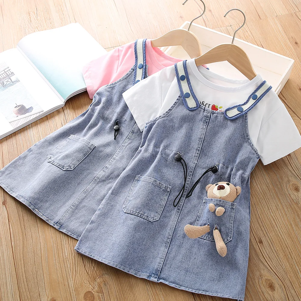 

Girls Denim Dresses Summer Children Cotton T-shirts Overall Skirts 2pcs Suit For Baby Girl 7 Years Dress Clothing Set Kid Outfit