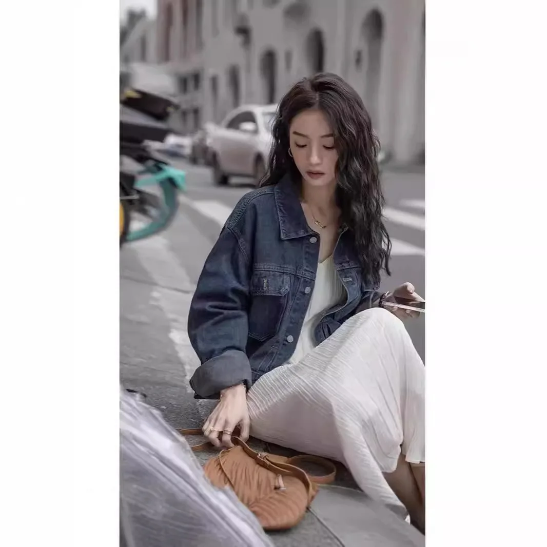 Chaquetas vaqueras para mujer, abrigo Vintage, ropa de calle de otoño 2025, ropa de calle de un solo pecho con bolsillos y cuello vuelto, prendas de vestir exteriores lavadas desgastadas