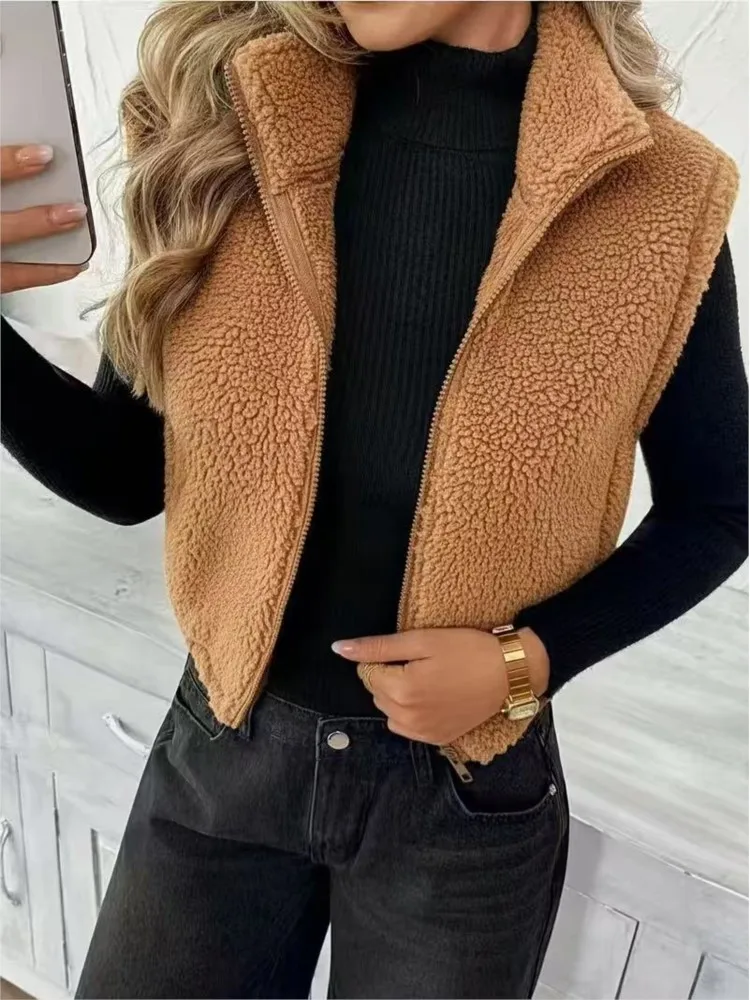 Women Plush Vest Autumn Fashion Stand Collar Zip Sleeveless Solid Gilet Warm Casual Autumn Winter Lady Outerwear Waistcoat
