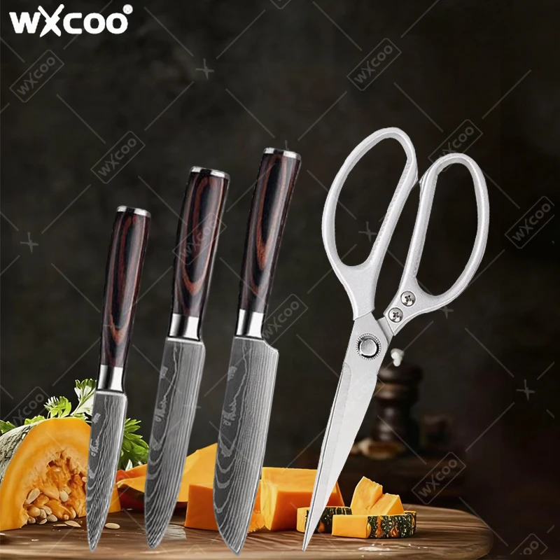 1 ~ 4PCS WXCOO Küchenmesser Set Japanisches Santokumesser mit leistungsstarker Hühnerknochenschere Damaskus Küchenmesserzubehör