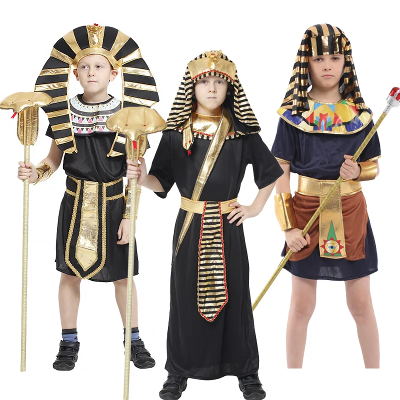 

King Emperor Costumes Ancient Egypt Pharaoh Children Cosplay Outfits Glossy Gold Egyptian Priest Costume Halloween Party
