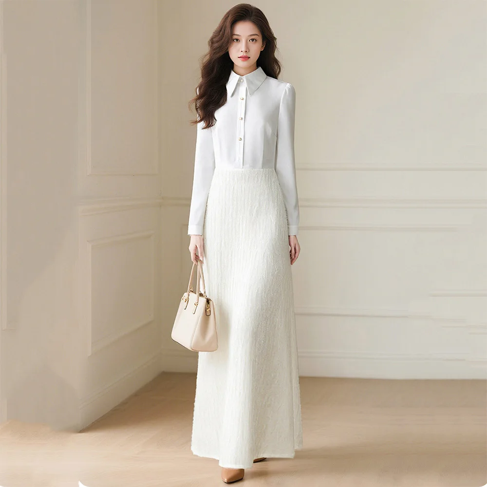 New Women Elegant Gentlewomen Knitted Patchwork Dress Fashion Turn-down Collar Slim Waist Shirt Style Dress Business Long Dress