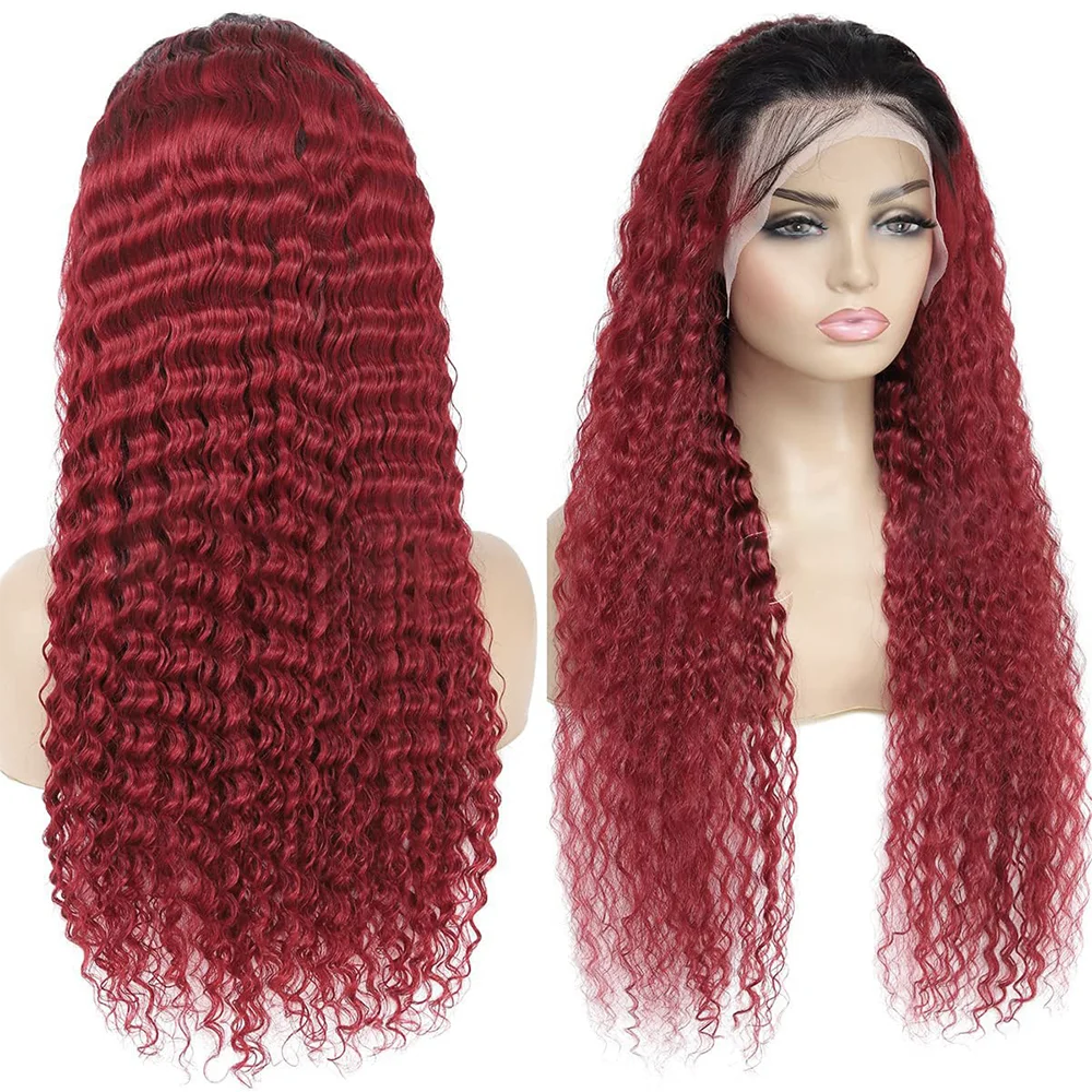 99J Burgund 13x6 HD Lace Frontal Perücke Echthaar Brasilianische 36 Zoll Tiefe Welle Lace Front Echthaar Perücken HD Transparent für Frauen