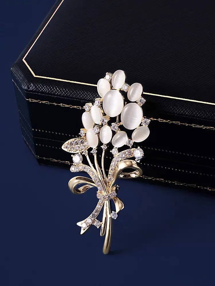 Fashion Opal Stone Flower Bouquet Brooch Pin Birthday Gift Brooches For Women Rhinestone Brooch Pin Accessories