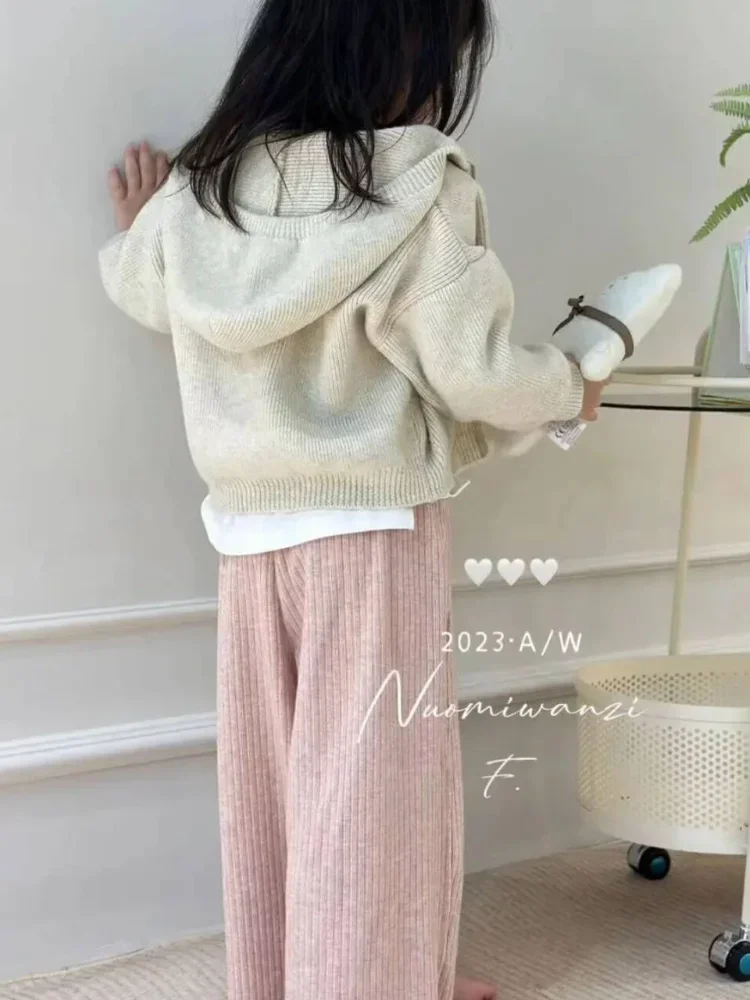 Girls Sweater Coat Knit Fall 2024 New Style Little Girl Zipper Children Long Sleeve Cardigan Coat Korean Sweet Style Clothes