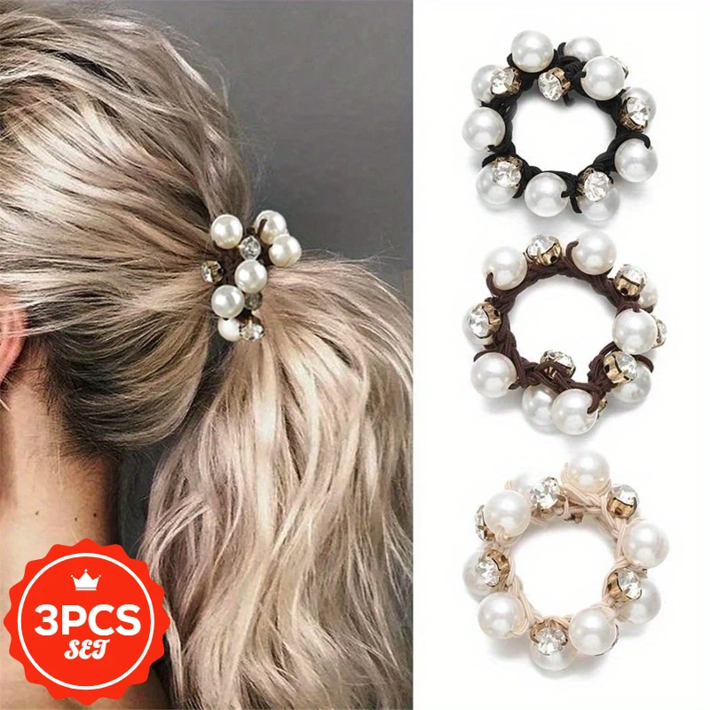 

3Pcs/set elegant beaded headband for women, simple and high beauty hair rope, high elasticity rubber band tied hair loop