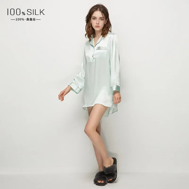 100% Mulberry Silk Nightshirt Mini Dress Sexy & Cooling Summer Chemise Sleepwear Women Long Sleeve Sleepshirts Pajama Loungewear